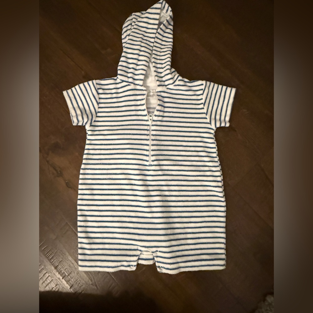 Kissy Kissy White & Blue Striped Hooded Footie